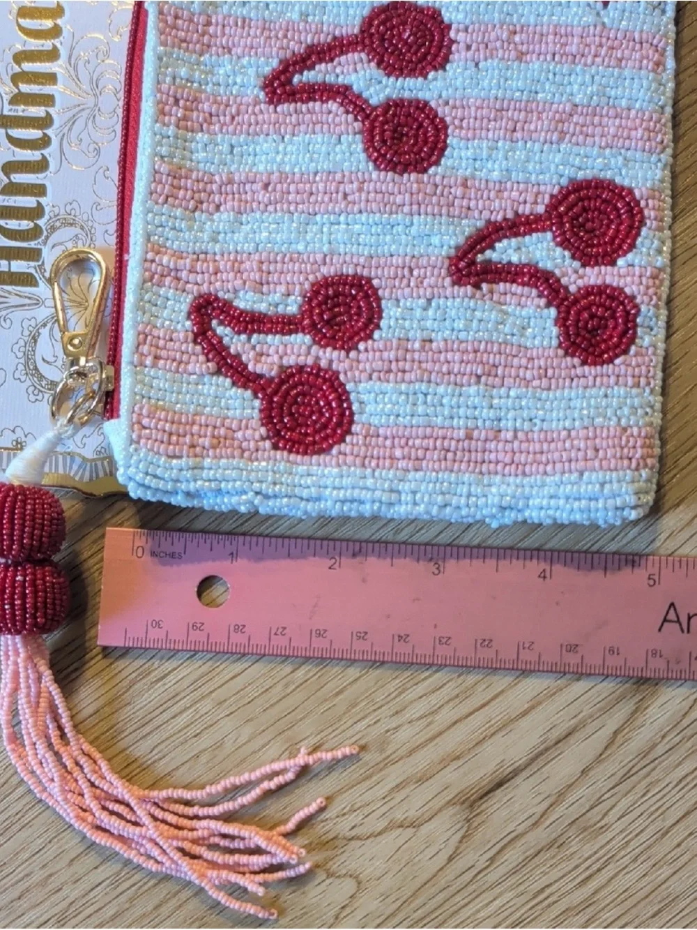 Handmade Pink & Light Blue Beaded Cherry Wristlet Pouch. NWOT